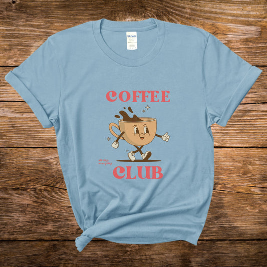 light blue gildan 5000 t-shirt, coffee club text, all day everyday text, retro coffee image