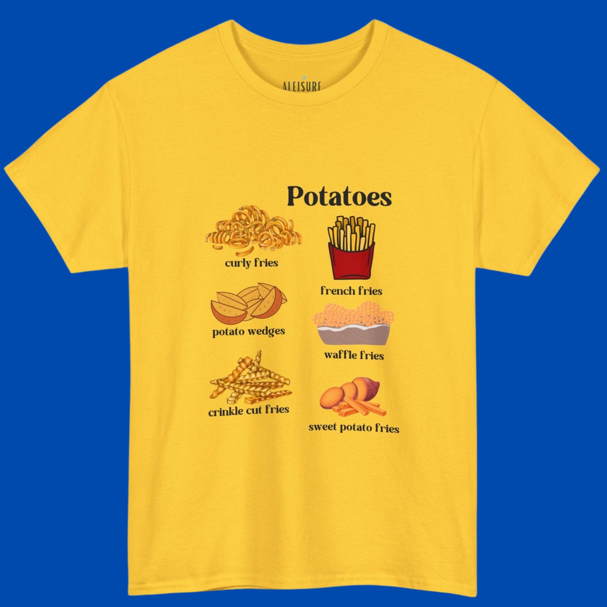 daisy t-shirt, potatoes text, curly fries, curly fries text, french fries, french fries text, potato wedges, potato wedges text, waffle fries, waffle fires text, crinkle cut fries, crinkle cut fries text, sweet potato, sweet potato fries, sweet potato fries text