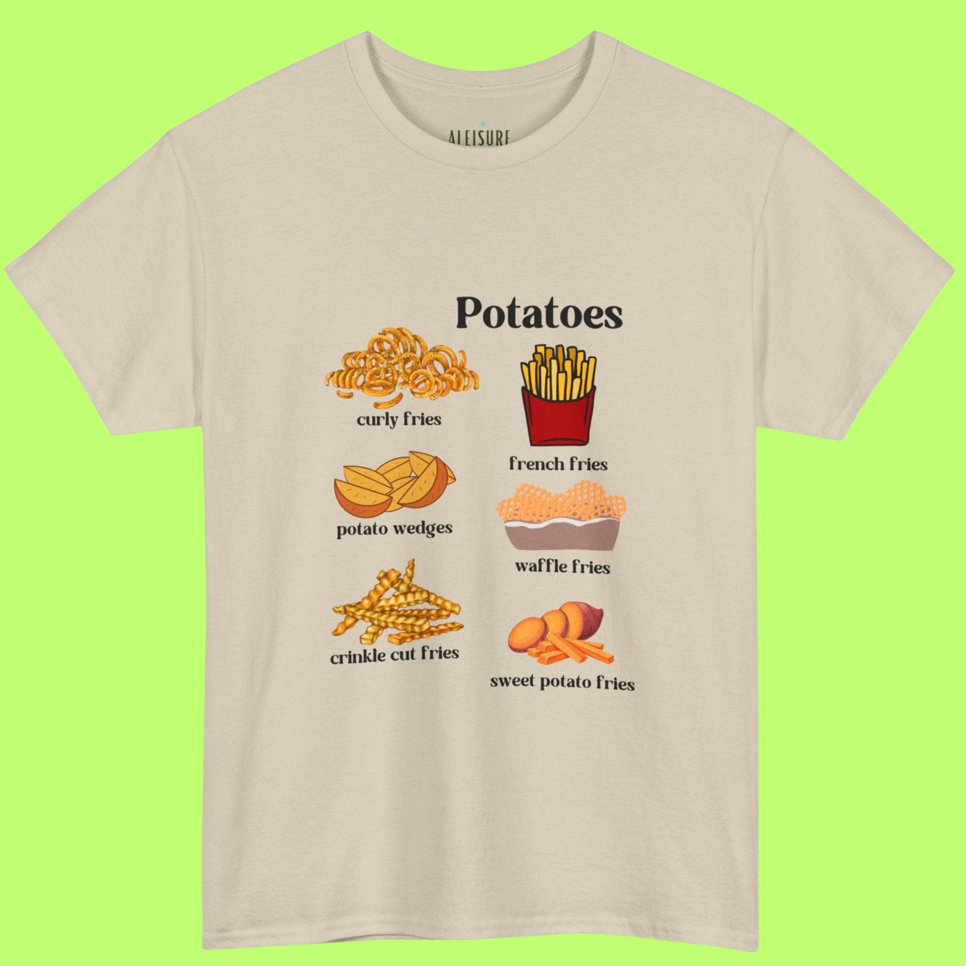 sand t-shirt, potatoes text, curly fries, curly fries text, french fries, french fries text, potato wedges, potato wedges text, waffle fries, waffle fires text, crinkle cut fries, crinkle cut fries text, sweet potato, sweet potato fries, sweet potato fries text