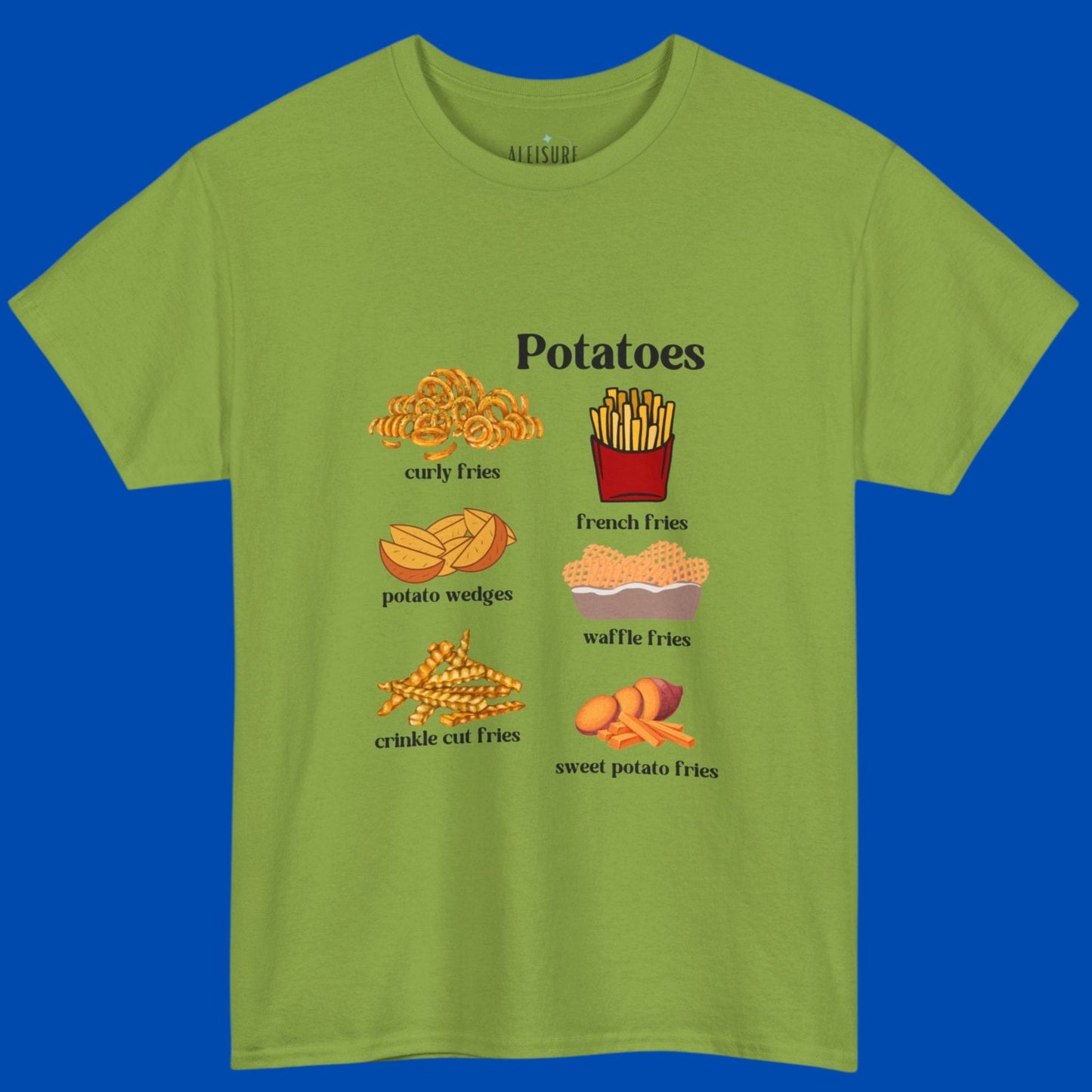 kiwi t-shirt, potatoes text, curly fries, curly fries text, french fries, french fries text, potato wedges, potato wedges text, waffle fries, waffle fires text, crinkle cut fries, crinkle cut fries text, sweet potato, sweet potato fries, sweet potato fries text