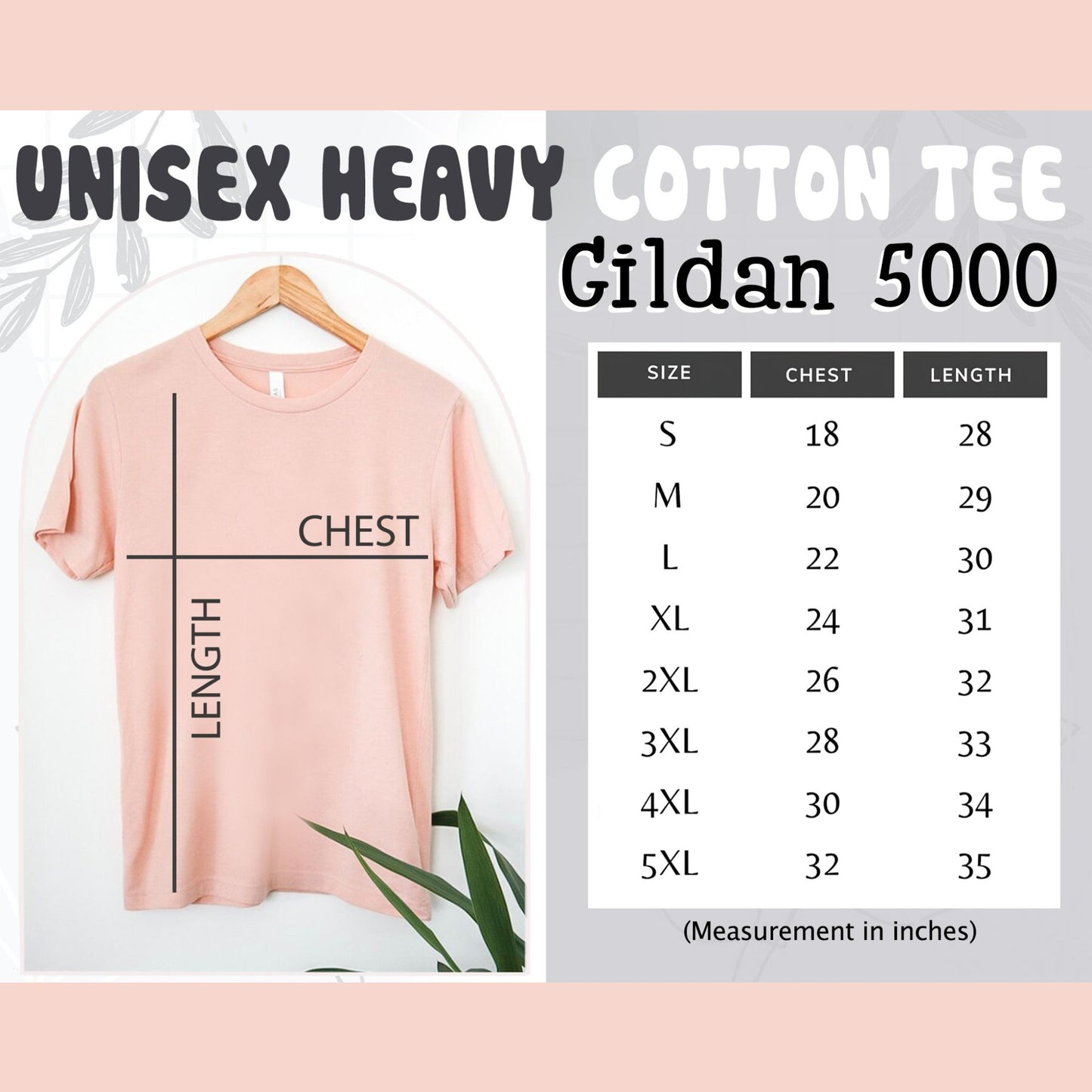 Gildan 5000 Unisex heavy cotton tee text, sizing chart image in inches, pink shirt image for reference