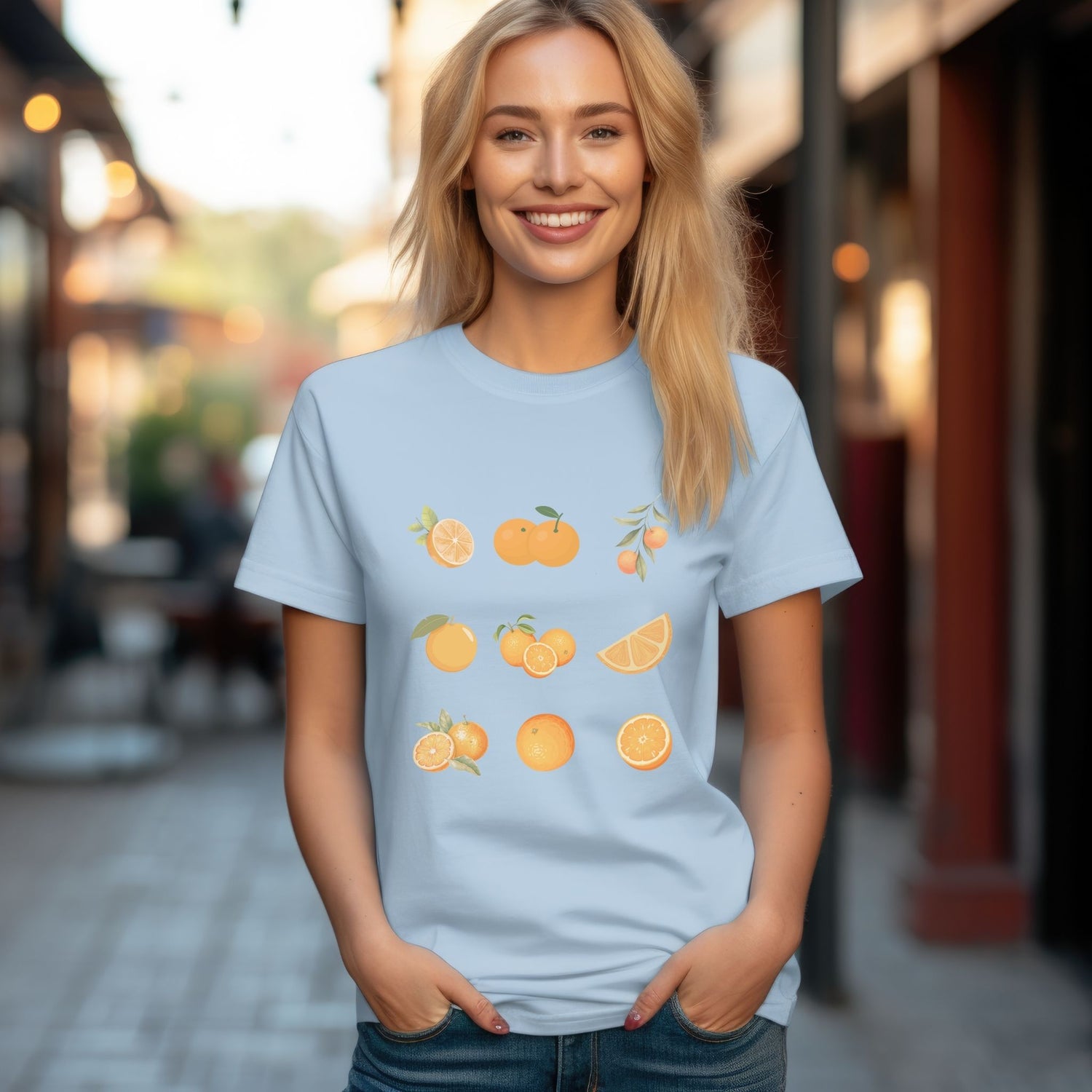 light blue tshirt, orange, oranges, sliced oranges, bundles of oranges, orange with leaves, cut open orange