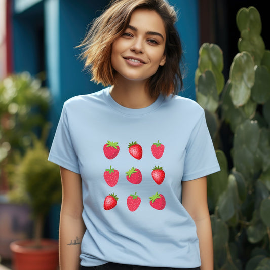 light blue t-shirt, cute strawberries, strawberries, strawberry, fruit, fruits