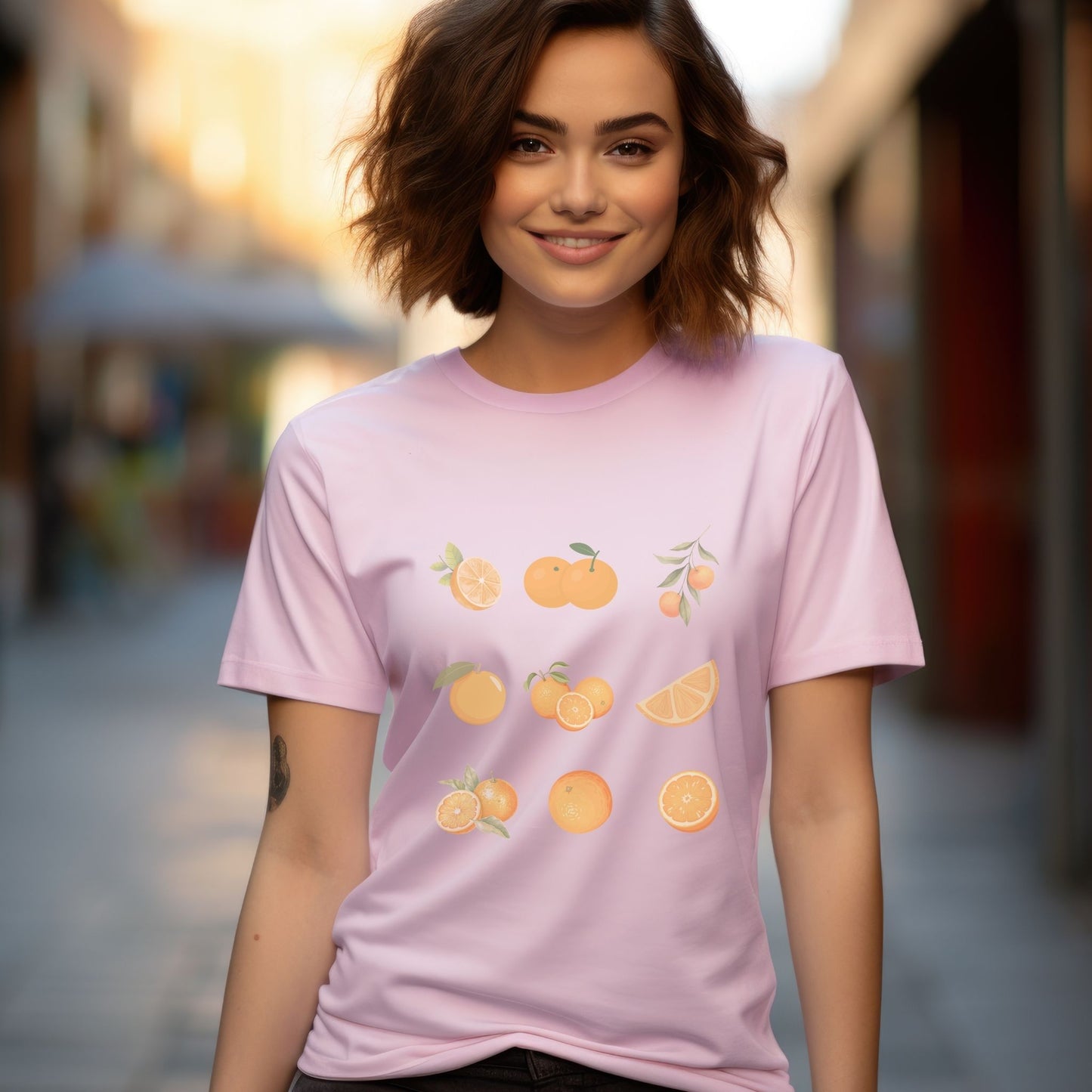 light pink tshirt, orange, oranges, sliced oranges, bundles of oranges, orange with leaves, cut open orange