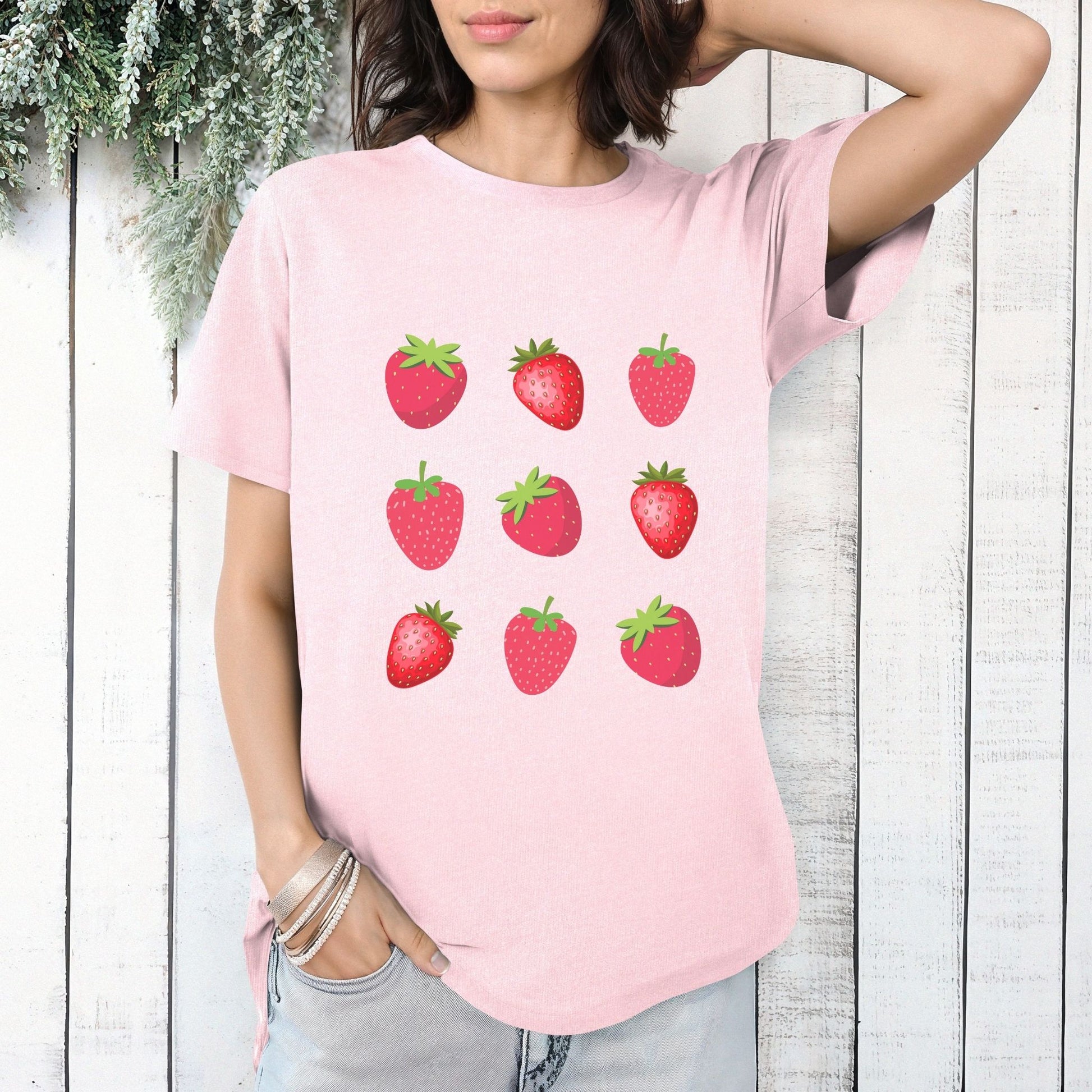 light pink t-shirt, cute strawberries, strawberries, strawberry, fruit, fruits