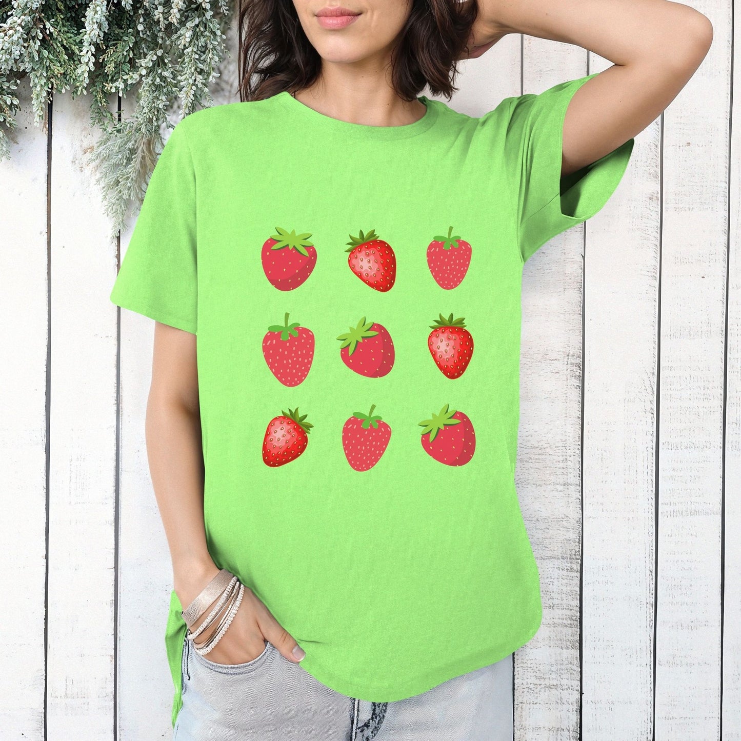 lime t-shirt, cute strawberries, strawberries, strawberry, fruit, fruits